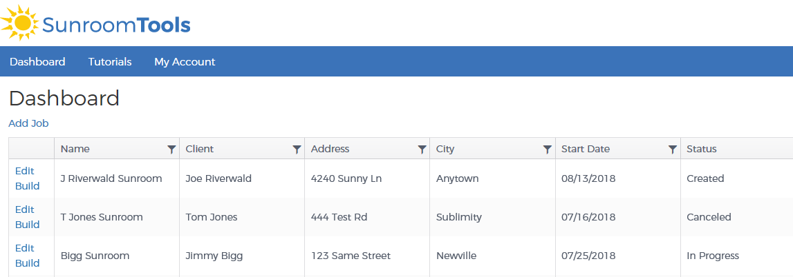 Sunroom Tools Job Dashboard